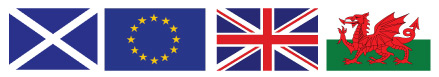 scotland flag, european union flag, british flag and welsh flag